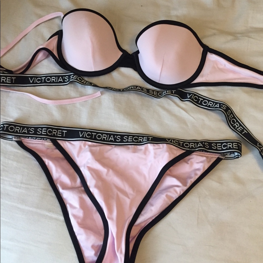Victoria's Secret Light Pink and Black Trim Bikini Set